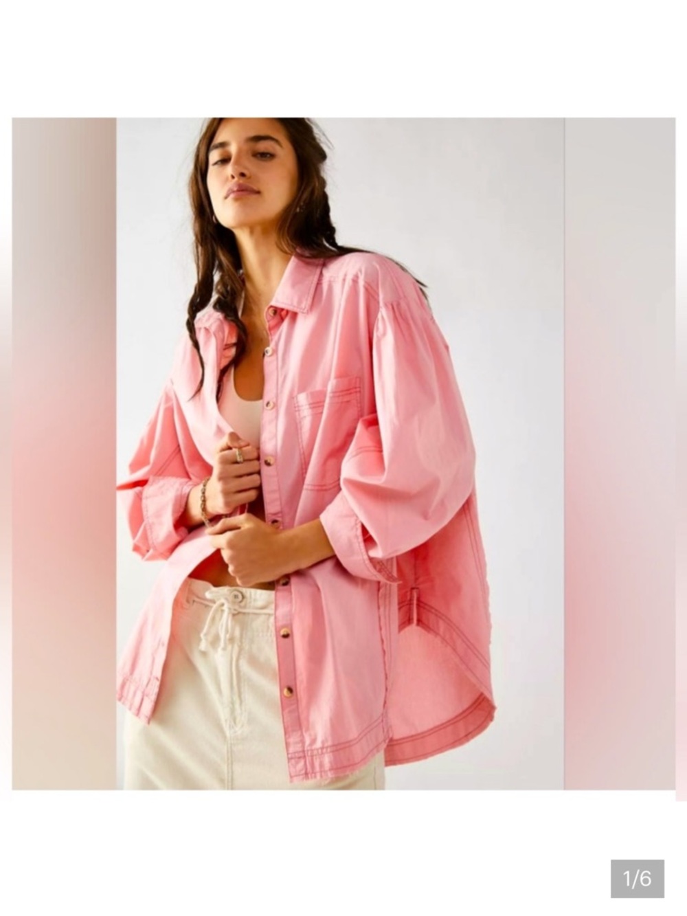We The Free Happy Hour Shirt Oversized Pink Jean Shirt Jacket L